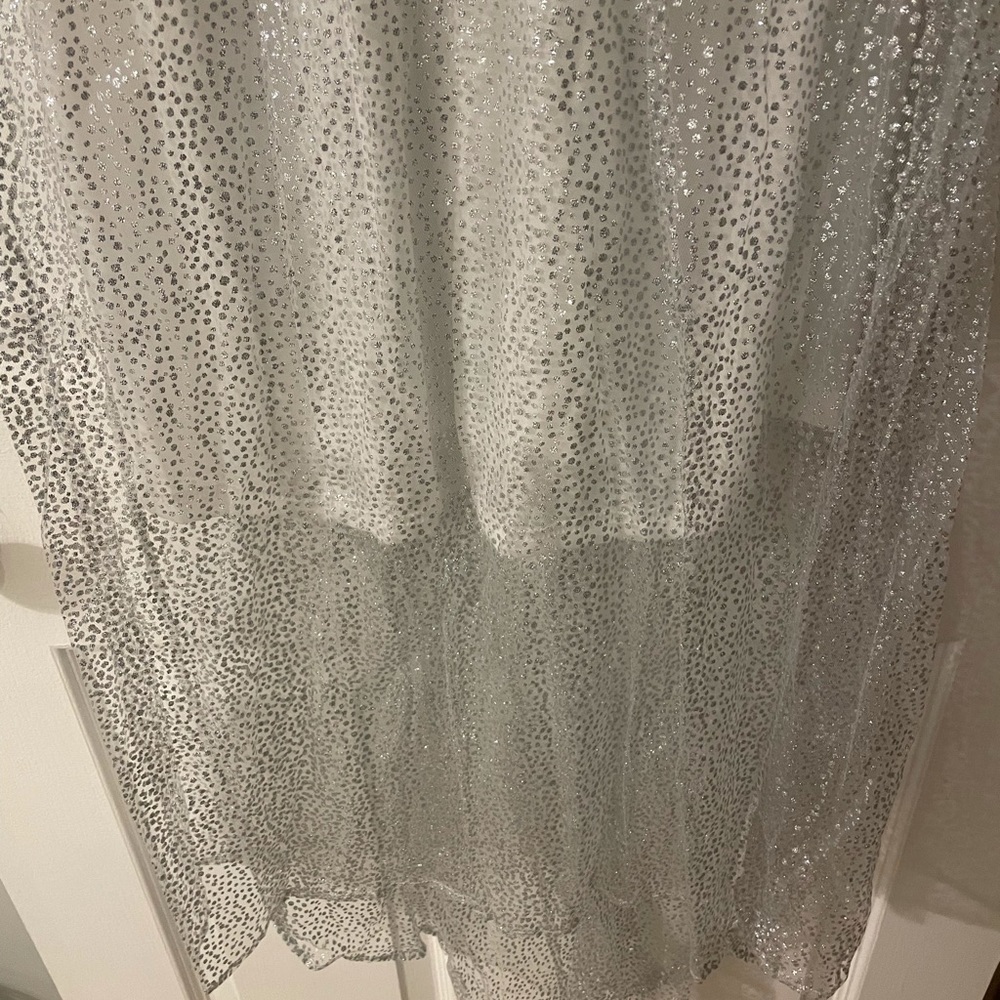 White Silver Shiny Long Dress with Sheer Sleeves and white underlining S - Picture 8 of 11
